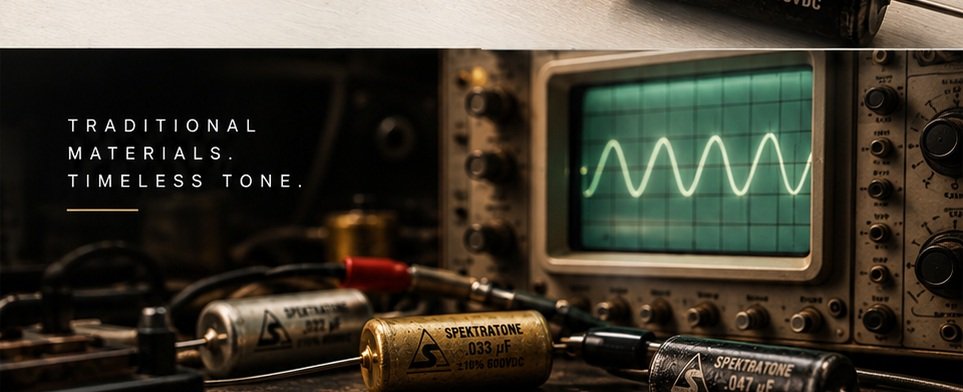 Spektratone capacitors on the bench with a vintage oscilloscope